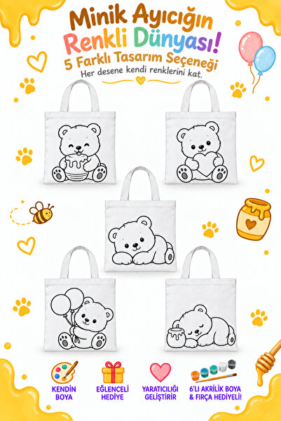 flaze Winnie Ayıcık 5'li Boyanabilir Bez Çanta Seti 25x25cm Kalın Kumaş Çocuk...