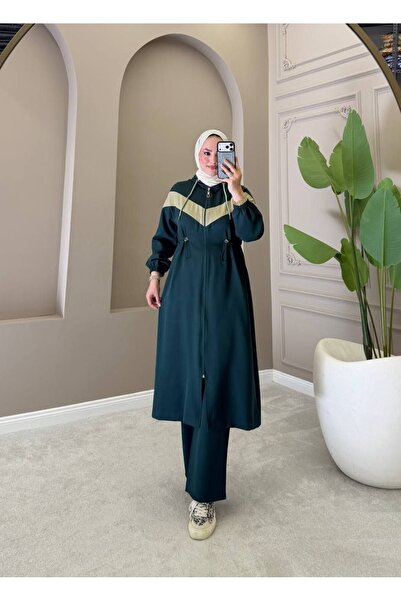 moda4b طقم نسائي مكون من قطعتين، سترة طويلة بقلنسوة وبنطلون من الكريب المزدوج...