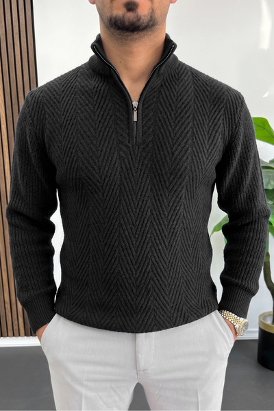 Edwox Men's Zippered Patterned Knitted Sweater Black Edw512