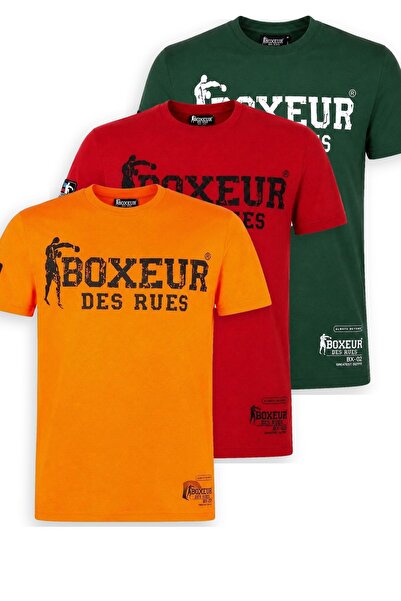 Boxeur Des Rues Tricouri bărbătești, pachet de 3, croială slim: Portocaliu/Negru + Roșu/Negru + Verde închis/Alb