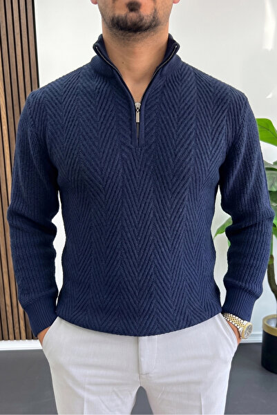 Edwox Men's Zippered Patterned Knitted Sweater Navy Blue Edw512