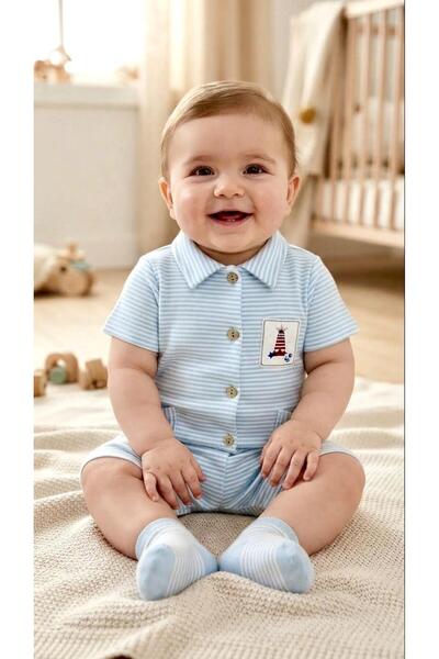 Sinem Çeyiz Million 4626 Marine Blue Striped Wooden Button Half Sleeve Jumpsuit