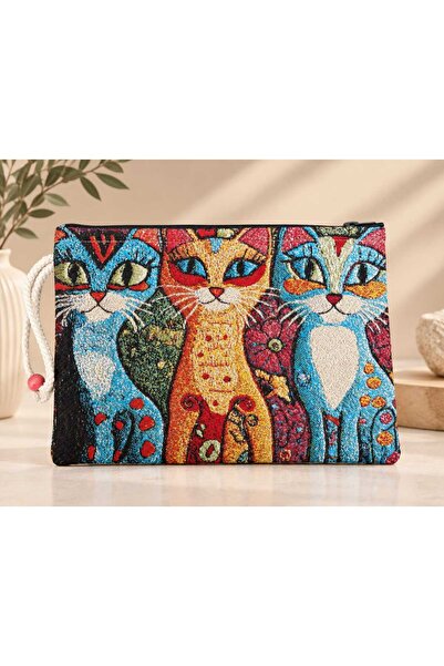Goblen Kedi Desenli El Çantası – Şık ve Kullanışlı Fermuarlı Çanta