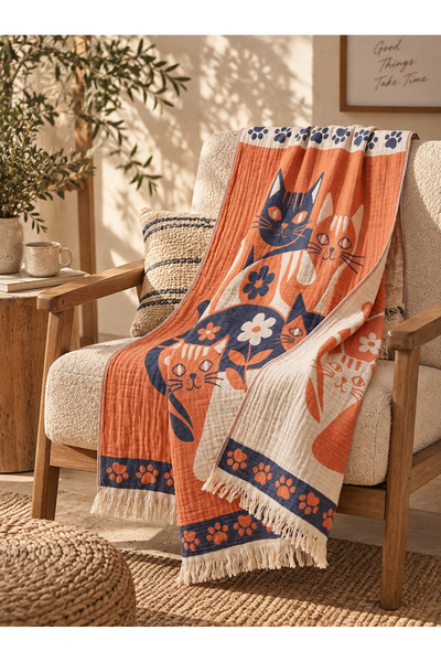 pachamama Kedi Müslin Peştamal %100 Pamuk Çift Taraflı Banyo Havlusu , Plaj H...