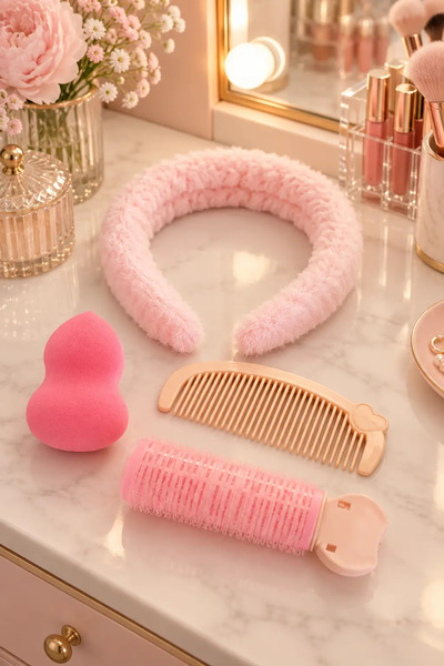 PRVT Pembe Renk Taç,Tarak,Saç Kabartma Tokası Ve Sünger Set