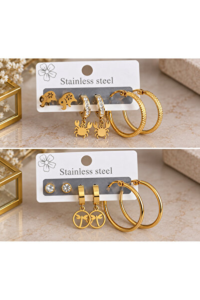 stainles steel Gold Renk Çoklu Küpe Seti – Paslanmaz Çelik