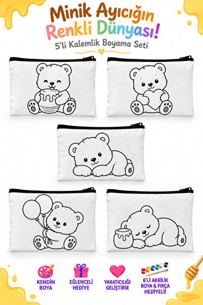 flaze Ayıcık 5'li Boyanabilir Kalemlik Seti 19x15 cm Kalın Kumaş Çocuk Boyama...