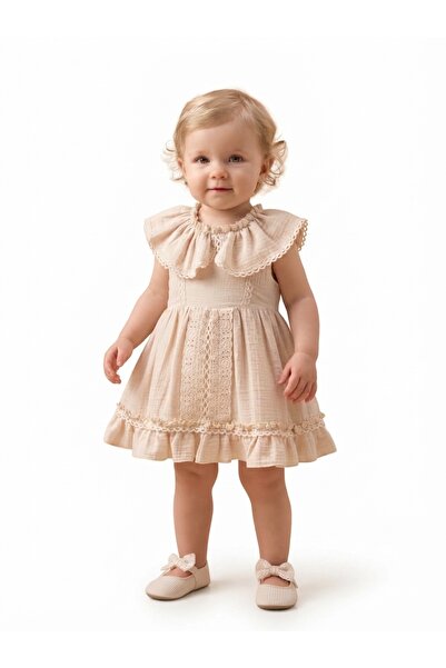 Top Kids Girls' Beige Sleeveless Ruffle Collar Lace Detail Dress - 1 Piece