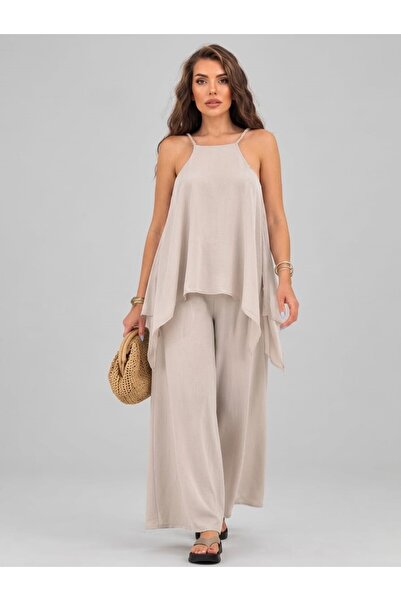 nutika Beige Strappy Asymmetrical Blouse Wide-Legged Trousers Two-Piece Set C...