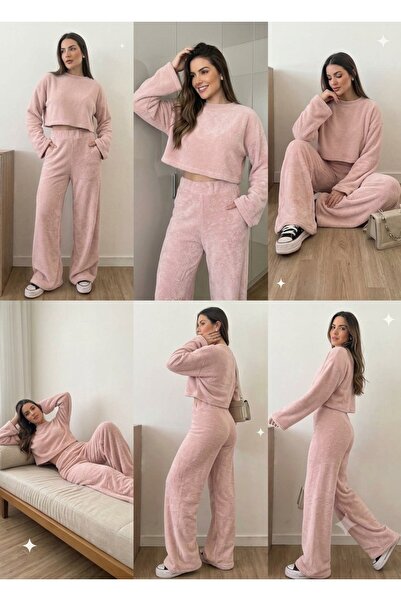 Rosy Live in style Women's Plush Fabric Crop Sweatsirt High Waist Wide Leg Pants Two-Piece Set