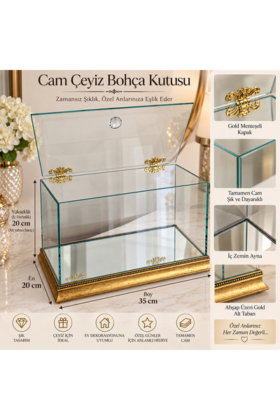 AYZ HOME Cam Çeyiz Bohça Kutusu 35x20x20 cm – Menteşeli Kapaklı, Gold Ahşap T...