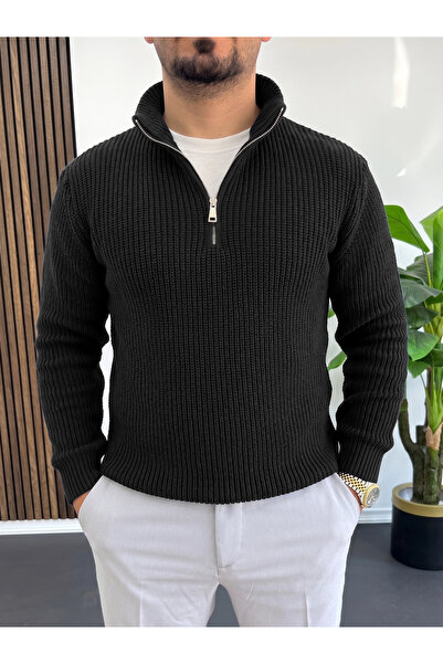 Edwox Men's Zippered Knitted Sweater Black Edw509