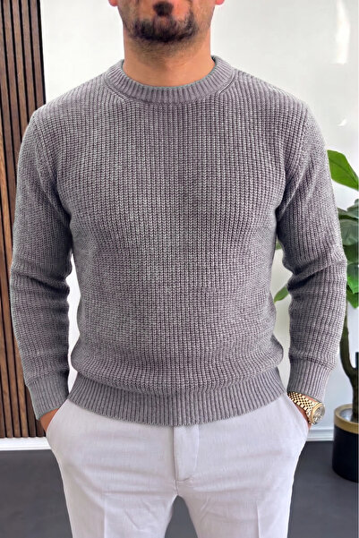 Edwox Men's Crew Neck Knitted Sweater Gray Edw511