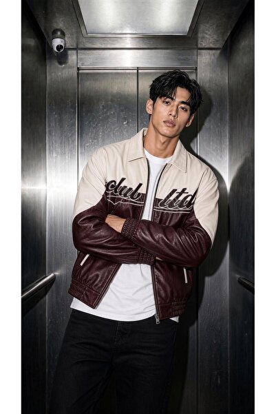 Oksit Club Ltd Nakış Detaylı Vintage Colorblock Gömlek Yaka Deri Bomber Ceket