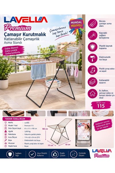 KAPLANBABA Lavella Premium Katlanabilir Çamaşır Kurutmalık - Kalın Borulu Day...