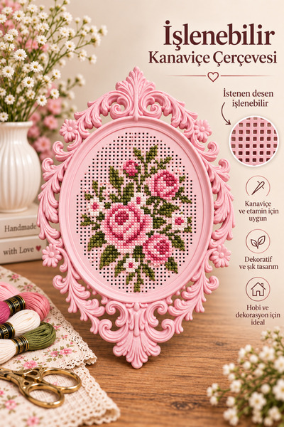 LİVA CRAFT Art & Craft İşlenebilir Kanaviçe Çerçevesi Pembe, Dekoratif Nakış ...