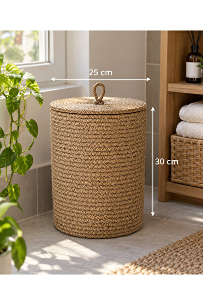 EGE ÖRGÜM El Yapımı Jüt Hasır Görünümlü Kapaklı Dekoratif Sepet 25x30 cm – Ör...