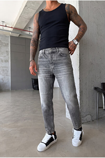 MADZEYMODA Men's Boyfriend Denim Dark Gray Jean Jeans with Knee & Hem Stitching Detail Ke-1259