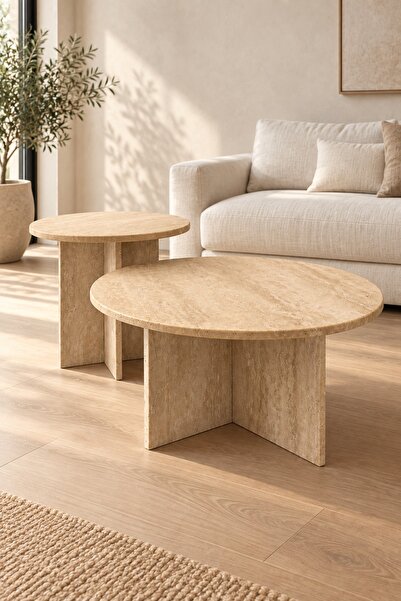 Marmorex Design Doğal Traverten Yuvarlak 2'li Sehpa Seti 32 ve 50 cm