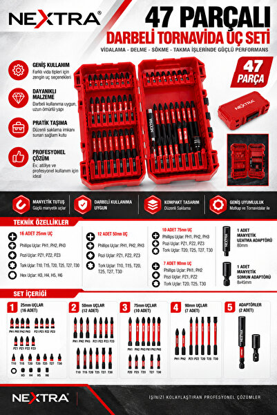 NEXTRA 47 Parça Darbeli Tornavida Uç Seti – PH PZ Torx Hex Bits Uçları ve Man...
