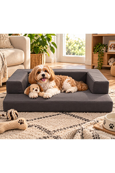 Koltuk Tipi Ortopedik Köpek Yatağı 70x53x8 cm Antrasit – Çıkarılabilir Yıkanabilir Kılıflı Konforlu Pet Yatağı