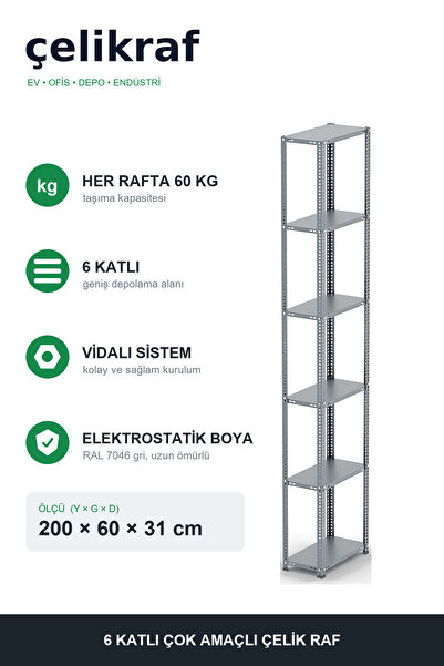 6 Katlı Galvaniz Çelik Raf - Depo Arşiv Kiler Ofis Market Rafı 31x60x200 cm Metal Raf