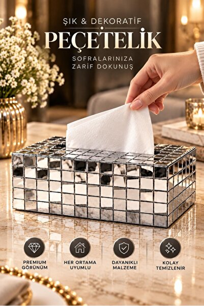 Kitchen Beauty Gümüş Renk Plastik Mozaik Tasarım Peçetelik Dekoratif Modern L...