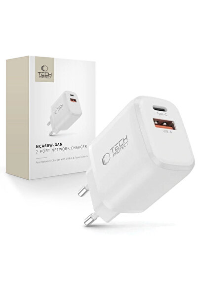Tech-Protect NCA65W-GAN Φορτιστής με θύρες Type-C και USB-A PD 65W / QC3.0 Λευκό