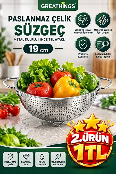 Greathings 19 cm Steel Strainer with Metal Handle and Stand for Washing Pasta...