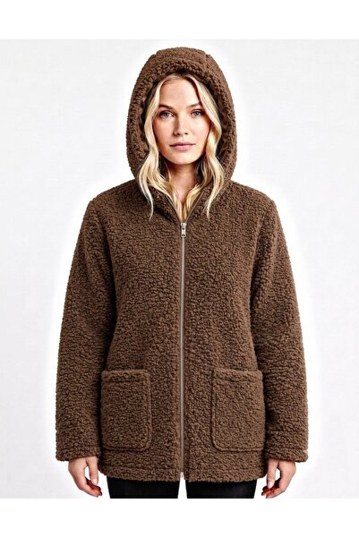 minshe Hooded Front-Pocket Velboa Velvet Laminated Plush Coat