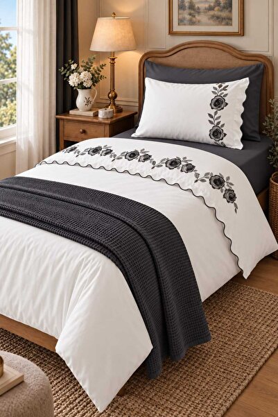 İK TEKSTİL Rosalin Rose Embroidered and Ruffled 100% Cotton 5 Piece Single Du...