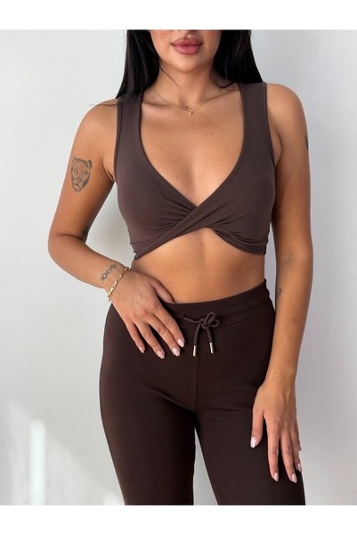 Dut Store Kadın Önü Çarpraz Kendinden Kaplı Crop Büstiyer Kahverengi