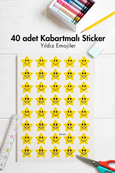 Bimotif 40lı Büyük Boy Kabartmalı Sticker Seti - Yıldız Şekilli Emojiler