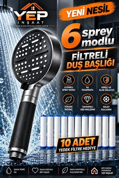 10 Adet 6 Fonksiyonlu Duş Başlığı – Yüksek Basınçlı, Su Tasarruflu, Kireç Klor Önleyici, Siyah |
