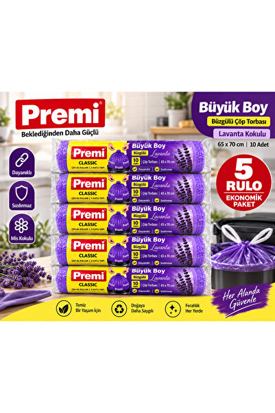 Premi Büyük Boy Büzgülü Çöp Torbası Lavanta Kokulu