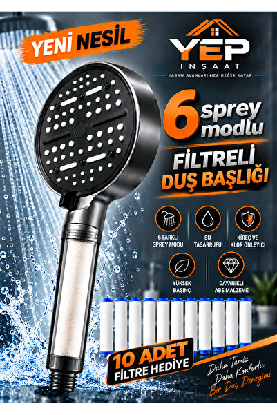 6 Fonksiyonlu Filtreli Duş Başlığı + 10 Adet Yedek Filtre