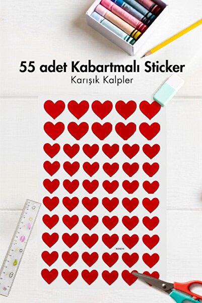 Bimotif 55li Büyük Boy Kabartmalı Sticker Seti - Karışık Kalpler, Büyük ve Küçük Kalp Stickerları
