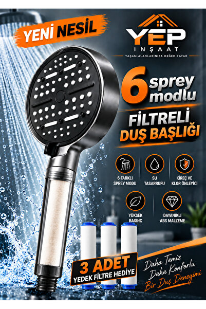 Yep İnşaat 6 Fonksiyonlu Filtreli Duş Başlığı + 3 Adet Yedek Filtre | Yüksek ...