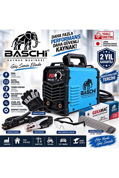 BASCHI MMA-250 (250 Amper İnverter Mini Çanta Kaynak Makinesi Seti | IGBT | D...