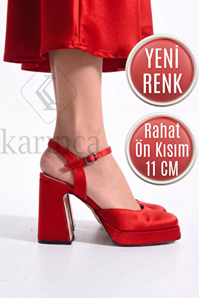 Karınca Kına Gecesi Ayakkabısı - 11 Cm Önü Kapalı Kırmızı Saten Topuklu Ayakkabı
