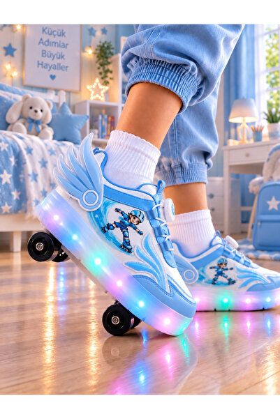 Kız çocuk 4 Tekerlekli LED Işıklı Patenli Ayakkabı | BOA Döner Bağcık | Kanatlı Roller Sneaker | MAX AĞIRLIK 60 KG