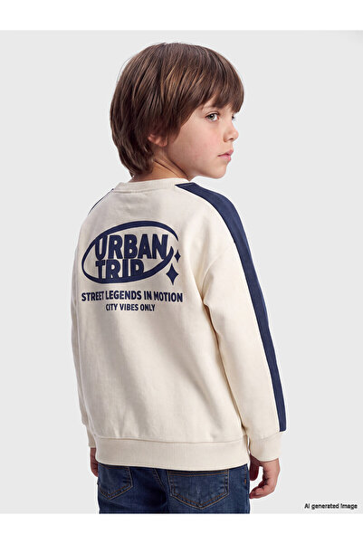 LC Waikiki Bej Bisiklet Yaka Baskılı Erkek Çocuk Kalın Sweatshirt