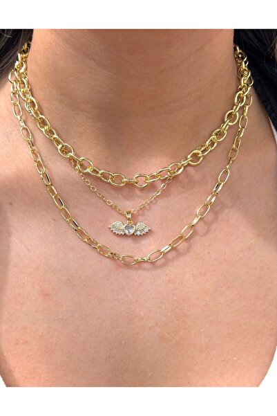 ANKA JEWELLRY Gold Triple Layered Steel Women's Necklace with Heart Detail
