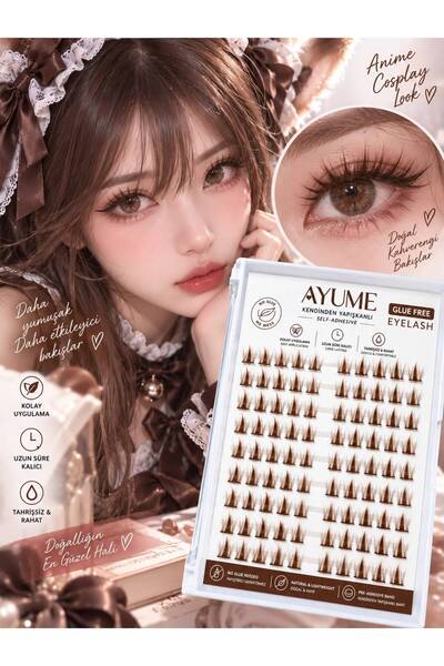 AYUME BEAUTY Kahverengi Renk Premium Kendinden Yapışkanlı Anime Kirpik Seti -...