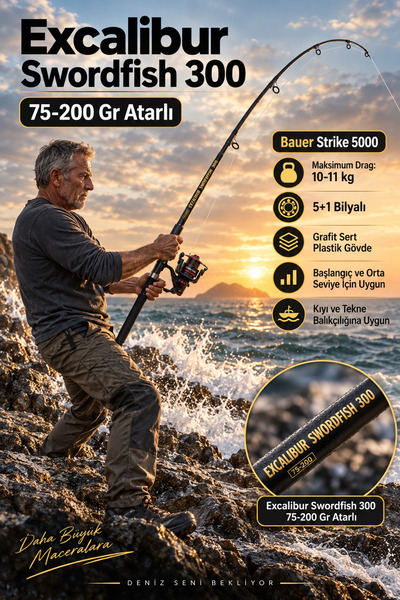 OLTAMİX Excalibur Swordfish 300 cm (75-200 gr atarlı) teleskobik olta kamışı,