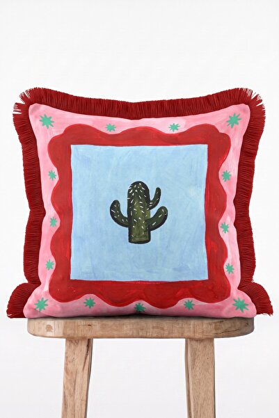 IdeCraft Cactus Pop Pembe Kırmızı Çerçeveli Kaktüs Desenli Saçaklı Retro Kırl...