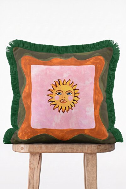 IdeCraft Soleil Face Retro Güneş Yüzü Motifli Turuncu Yeşil Kenarlı Saçaklı K...