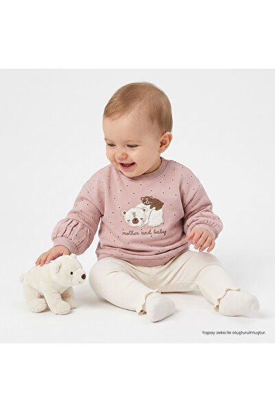 Bebetto Kız Bebek Sweatshirt-Alt Hayvan Baskılı Bisiklet Yaka Uzun Kol Patiksiz