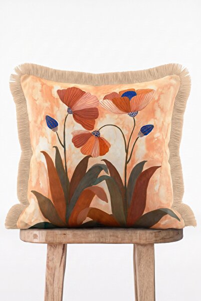 IdeCraft Solea Bloom Peach Orange Poppy Floral Fringed Throw Pillow Cover