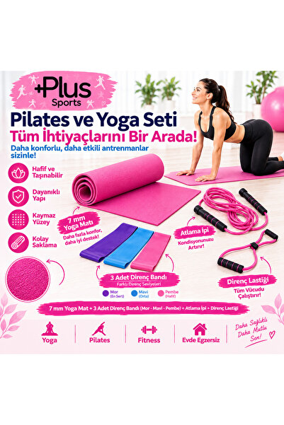 PLUSSPORT 7 MM PİLATES MİNDERİ + 3'LÜ DİRENÇ BANDI + ATLAMA İPİ + KELEBEK DİR...